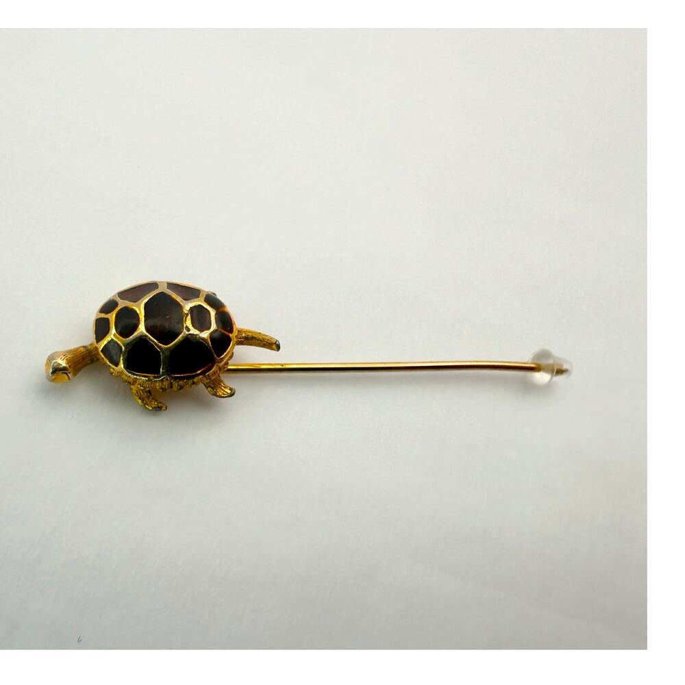 Vintage 70s Turtle Stick Pin Green Enamel Shell Gold Tone Lapel Hat Pin